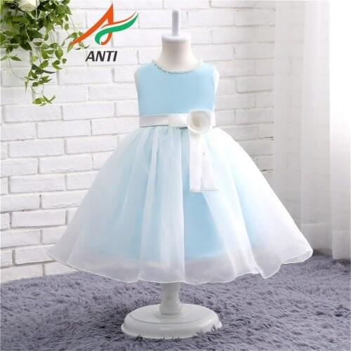 ANTI Blue Puffy Flower Girl Dresses Princess Sleeveless Cute Tutu Piano Costumes Catwalk Organza O-Neck With Sashes Fast Shiping