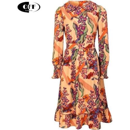 Elegant Flower Printed Midi Woman Dress Puff Long Sleeve Vintage Peter Pan Collar Lace Up Ruched Womens Dresses Party Clothing