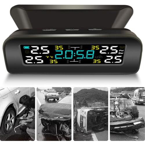 1set TPMS Car Tire Monitoring Pressure Display Auto Alarm Monitor Solar Power Charging Temperature Warning with 4 Sensors