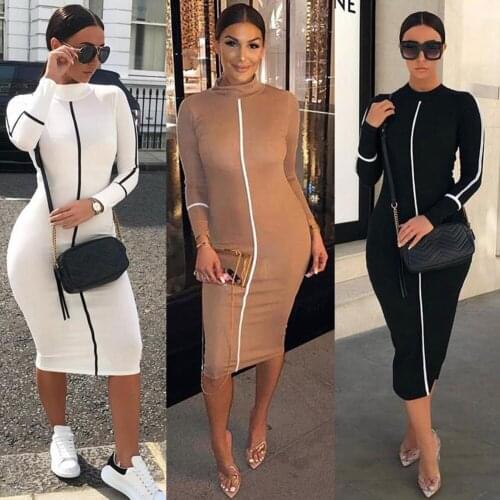 2020 Fashion Women Casual Bodycon Maxi Dress Long Sleeve Stretch Maxi Dress Turtleneck Elegant Pencil Dresses