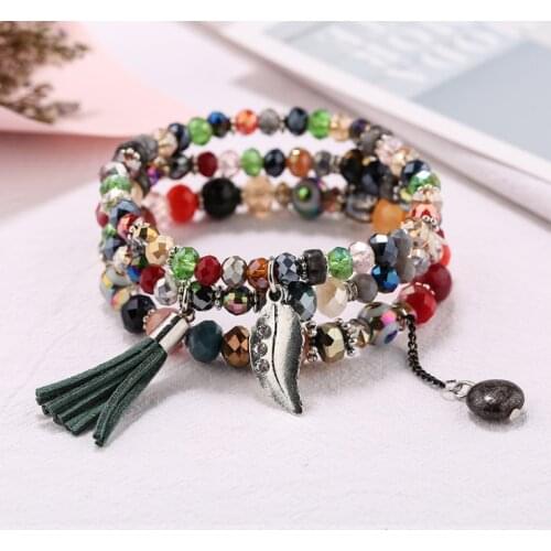 3pcs/set Handcraft Boutique Fashion Multilayer Crystal Stone Beads Strand Bracelets Tassel Bangles Pulseras Womens Boho Mujer