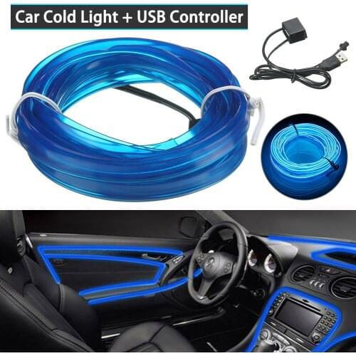 Car Ornament Blue Cold Lights 3M USB Blue LED Light Glow EL Wire String Strip Rope Tube Car Interior Decor 5V Auto Products