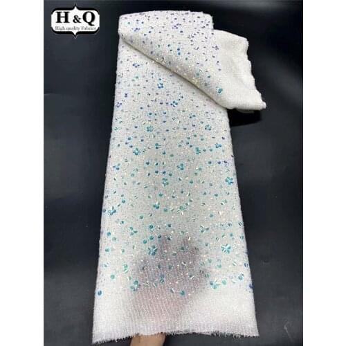 H&Q white sequin fabrics african lace fabric 2021 high quality french lace 5 yard for nigerian wedding dresses material net mesh