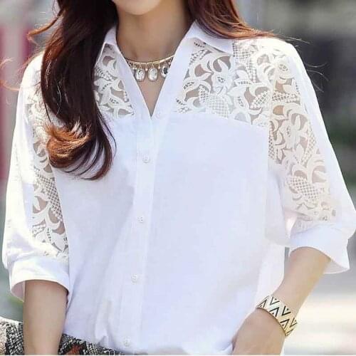 Korean Style White Hollow Out Blouse Loose Casual Plus Size V Neck Blouses New Fashion Solid Color Womens Shirt