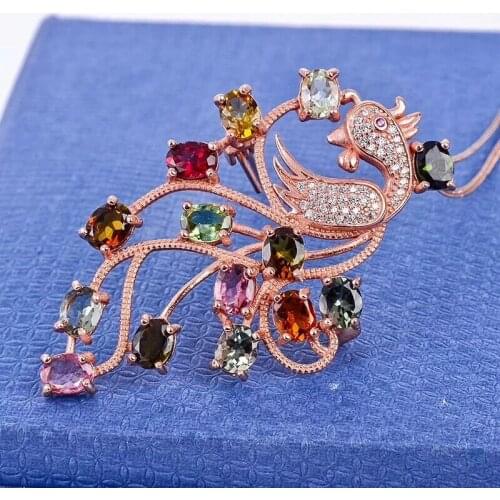 Tourmaline brooch Free shipping Natural real Tourmaline 925 sterling silver brooch 4*5mm 14pcs gemstone