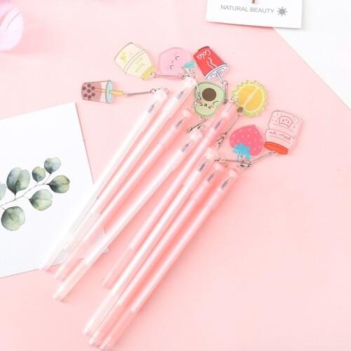 Black 0.5MM Kawaii Fruit Strawberry Charms Gel Pen For Girls Cute Ink Pen With Drinks Ornament School Student Stationery Office