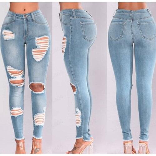 Jeans For Women Fashion Full Length COTTON Ripped Pencil Pants Softener Skinny Casual Vintage Women Pants Euro-America Style