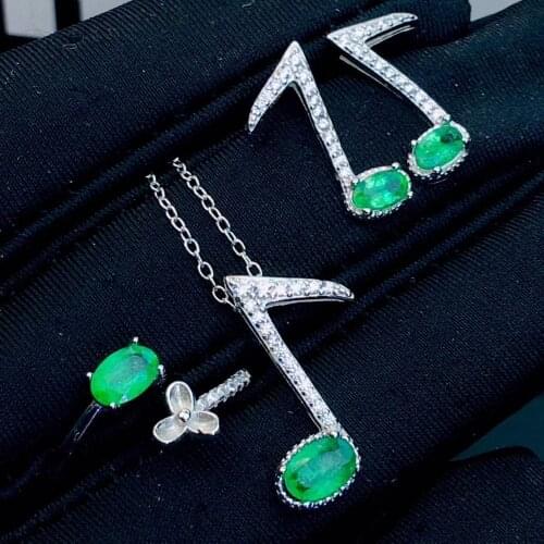 Elegant Music Natural green Emerald gem 925 sterling silver ring earrings Pendant natural gemstone Jewelry Set girl party gift