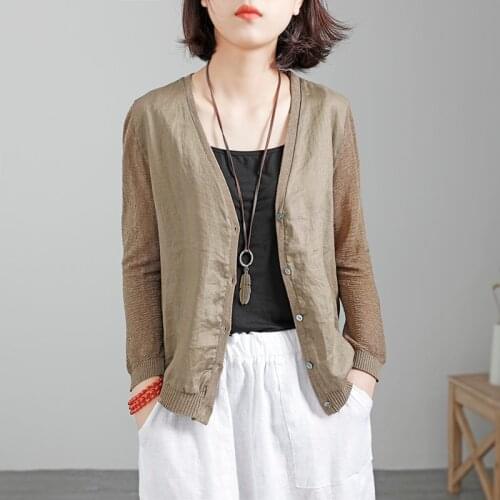 Cotton Linen Knitted Women Cardigans 2021 Summer New V-Neck Long-Sleeved Thin Solid Short Casual All Match Female Outwear Tops