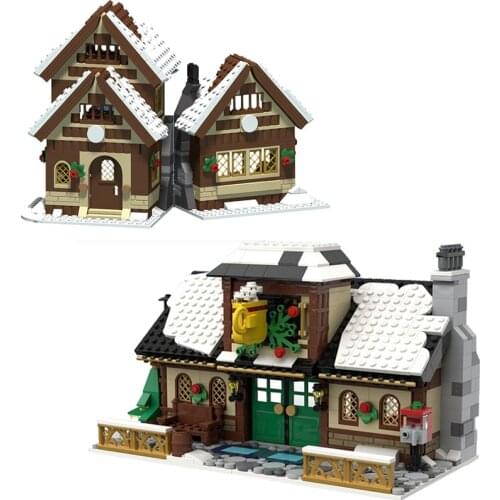 Winter Village Cafe Shop Construction Building Blocks Creative Expert Snow House Model Architecture MOC Bricks DIY Toys Gifts