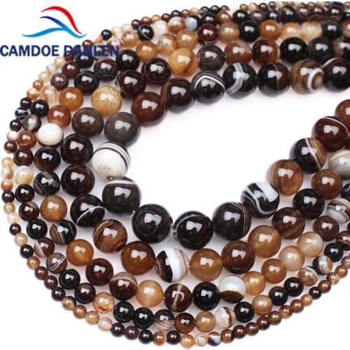 Natural Semi-Precious Stone Coffee Striped Agates Round Beads 6 8 10 12MM Diy Charm Bracelet Necklace For Jewelry Making