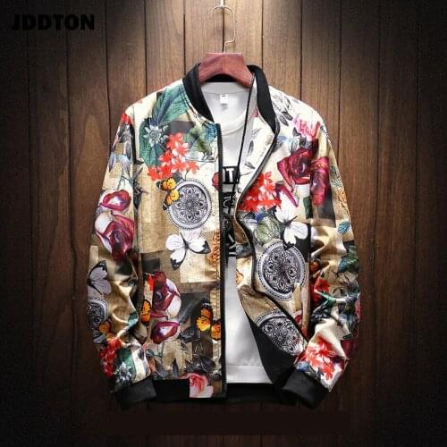 JDDTON New Spring Autumn Mens Fashion Printing Jackets Standing Collar Loose Streetwear Coats Casual Male Outwear Clothing JE110