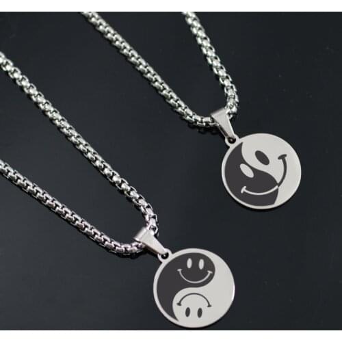 Fashion Stainless Steel Smile Pendant Tai Chi yin yang Necklace for Women Men Punk Hip Pop Neck Chain Best Friends Couple Collar