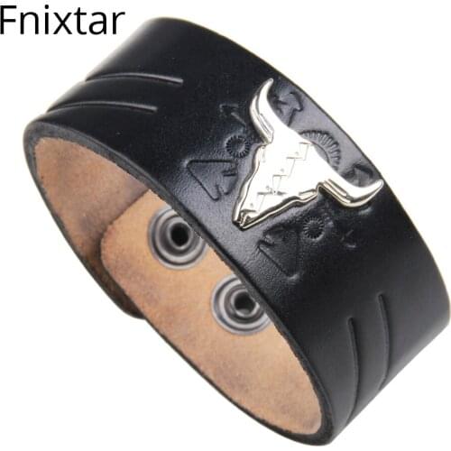 Fnixtar Punk Style Bull Alloy Adjustable Bracelets Men Jewelry Leather Bracelets for Women Men 24cm Length Brown Leather