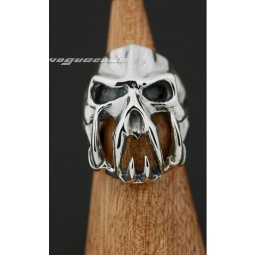 Devil Alien Skull Tiger Tooth 925 Sterling Silver Mens Biker Ring 8V004 US Size 8 to 15
