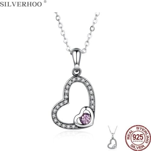 SILVERHOO 925 Sterling Silver Necklace Women Romantic Hollow Heart Full 5A Cubic Zirconia Pendant Necklaces Anniversary Jewelry