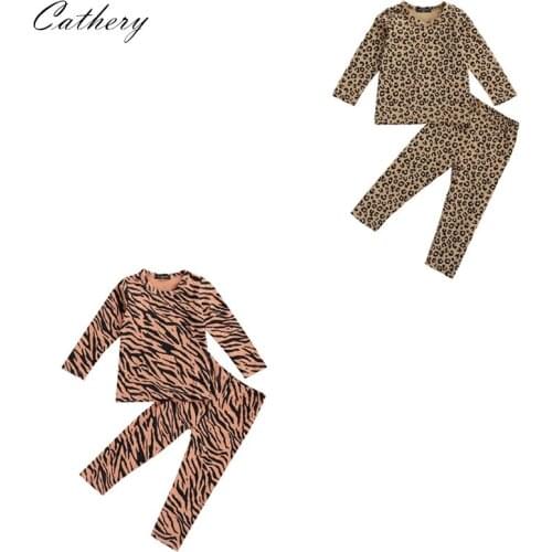 Cathery Toddler Baby Pajama Sets Boy Girl Fall Winter Leopard Printing Long Sleeve Cotton T-Shirt Tops Pants Childrens Clothes