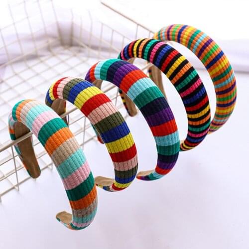 New Fashion Rainbow Headband Sponge Hairband Adult Wool Knit Hair Band Girls Patchwork Bohemian Hair Accessories Turban Adult