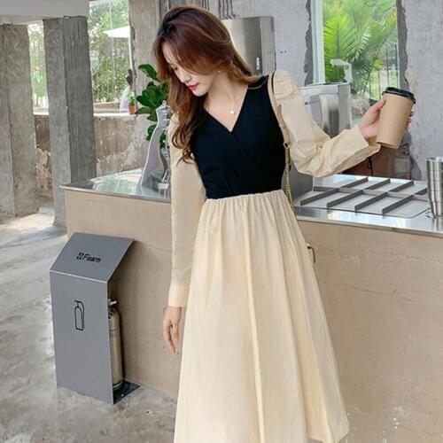 Stitching Contrast Color Fold Design Sense of Minority French Light Luxury Temperament Celebrity Style Waist Closing Thin Dress