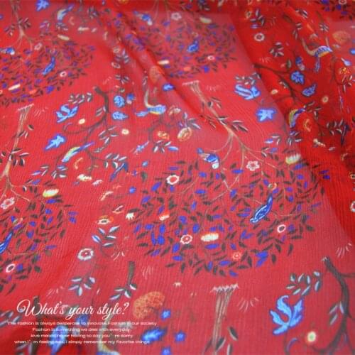 Silk Georgette Chiffon Fabric Dress Red Flower Lightweight Skirt Shirt DIY Patchwork Tissue