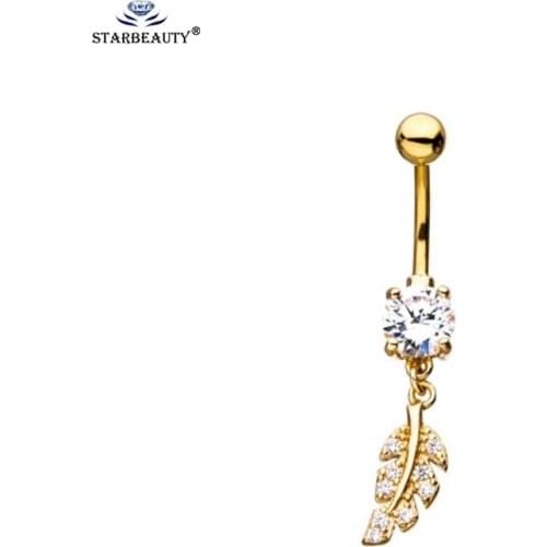 Starbeauty 1Pc Petite Cubic Zirconia Golden Leaf Dangle Belly Ring Fashion Surgical Steel Silver-Color Navel belly button rings