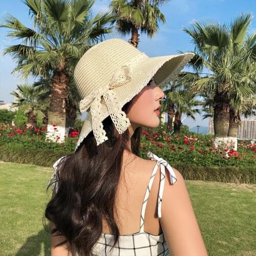 K38 New Summer Female Sunhat Straw Hat With Gauze Bow Outdoor Sunscreen Caps Travel Fashion UV protection Beach Sun Hat