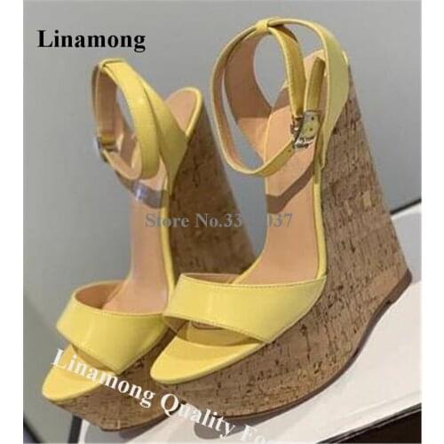 Linamong Women Summer Fashion Open Toe High Platform Wedge Sandals Yellow Black Ankle Strap Wedges Height increased Dress Heels