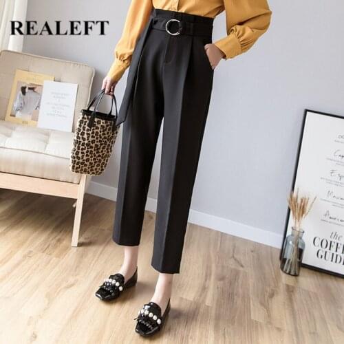 REALEFT 2020 New Spring Korean OL Style Women Formal Harem Pants with Belt High Waist Elegant Office Lady Ankle-Length Pants