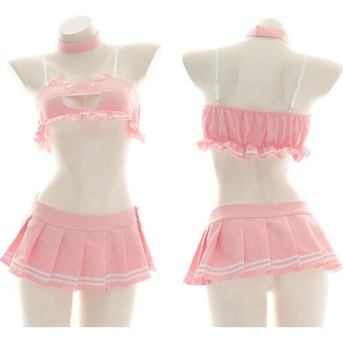 Pink Sleeveless Cat Ears Cut-Out Crop Top Vest Strap Tank Top Pleated Mini Skirt Set Summer Sweet Girl Sleepwear Cosplay Uniform