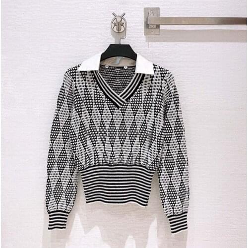 2021 Striped Sweater Patched White Removable Collar V Neck Fall Knitted Tops Argyle Jacquard Loose Full Sleeve Pullovers Women