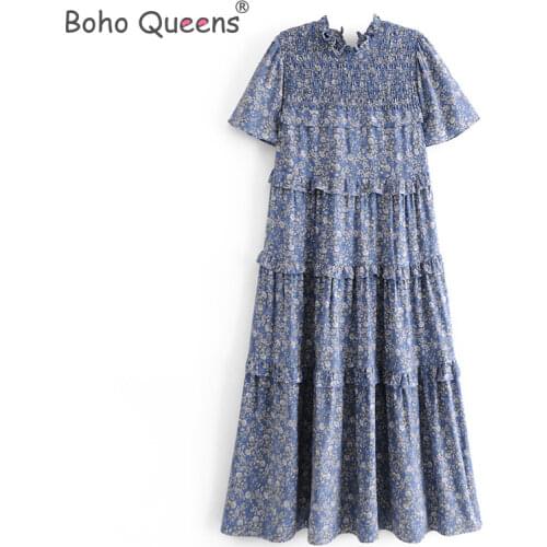 Boho Queens happie women floral print ruffles beach Bohemian midi dress Ladies rayon cotton Boho dress vestidos