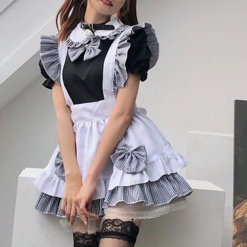 Maid Cosplay Uniform Black And White Plaid Dress Women Japanese Style Teenage Girl Halloween Goth Lolita Costume Kawaii Lovely