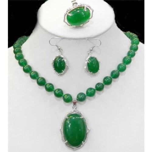 Free Shipping>Natural Charming Green jade stone Necklace Ring Earring Jewelry Sets