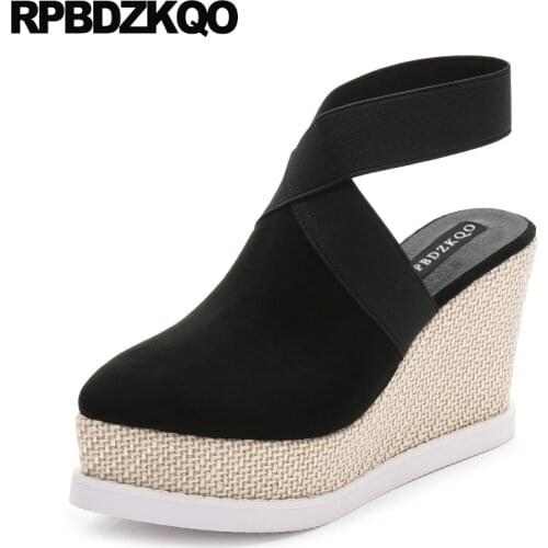 Women platform wedge sandals high heels shoes closed toe stripper genuine leather slip on famous brand exotic dancer pumps black