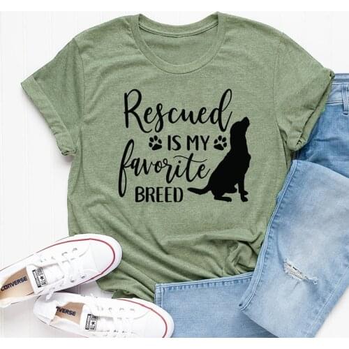 Rescued Is My Favorite Breed Fashion Dog Mom Shirt Letter Print Graphic Tees Cotton Women Tshirt O Neck Short Sleeve Mama Tops