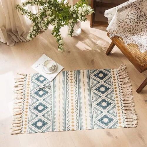 Geometric Retro Bohemian Style Hand Woven Floor Mats Breathable Carpet Non-slip Tapestry Absorbent Foot Pads