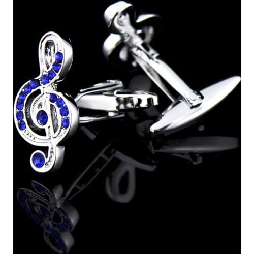 JHSL Trendy Fashion Jewelry Silver Color Metal Blue Cubic Zirconia Music Sign Symbol Funny Shirts Cufflink for Men Father Gift