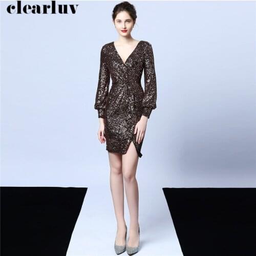 Short Prom Dress 2019 Sexy V-neck Sequins Dresses Women Party Night DX233-5 Plus Size Long Sleeve Prom Gown New Vestidos De Gala