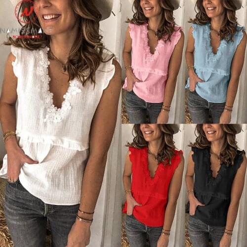 Sexy Women Summer Solid Color Tanks Top for Streetwear Patchwork Design Lace Decor V-Neck Sleevless Slim Pullovers Top