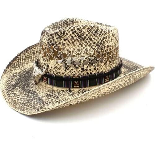Fashion Women Men Western Cowboy Hat Handmade Weave Straw Lady Dad Sombrero Hombre Cowgirl Jazz Caps Bull Head Size 56-58CM