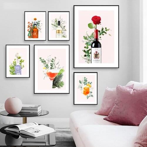 Wine and Flowers Wall Art Wine Cocktail Champagne Juice Rose Begonia Canvas Painting Nordic Posters and Prints Living Room Decor
