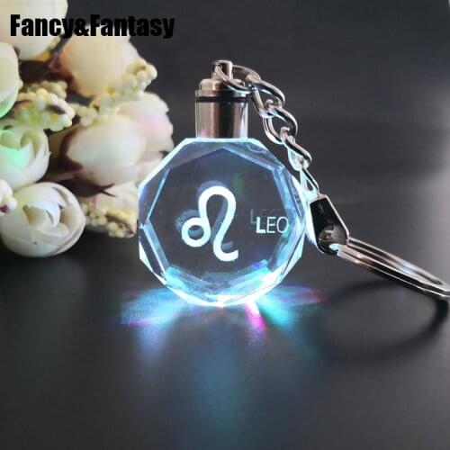 Fancy&Fantasy 12 Constellations Crystal Keychain Laser Engraved Colorful LED Light Key Ring Glass Custom Key Chain Souvenir Gift