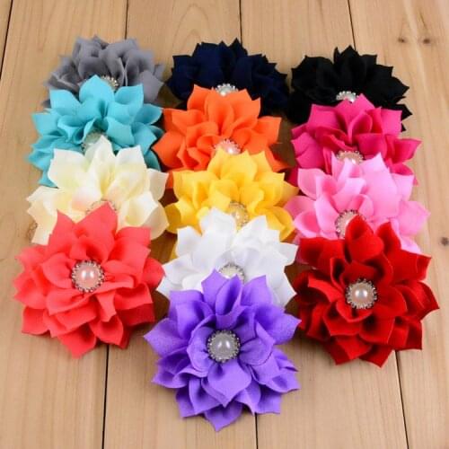 Nishine 5pcs/lot Fabric Lotus Flower with Pearl Button Center for Kids Women DIY Headwear Accessories Party Decoration
