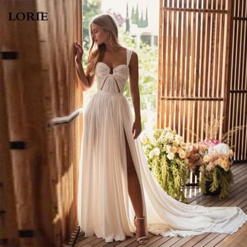 LORIE Sexy Chiffon Straps Beach Wedding Dress 2021 Robe de mariee Vintage Pleat Bridal Dress Side Split Wedding Gowns