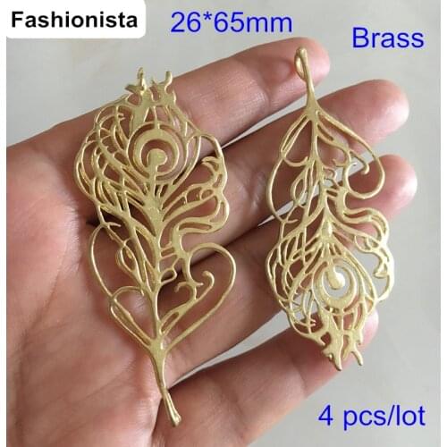 Fashionista - 4 pcs Raw Brass Casting Filigree Leaf Charms 26*65mm Peacock Tail Large Leaf Jewelry Charms,Jewelry Findings