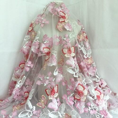GLace 1Y/lot colourful butterfly embroidery mesh sewing lace fabric for wedding dress decoration skirt accessories TX1339