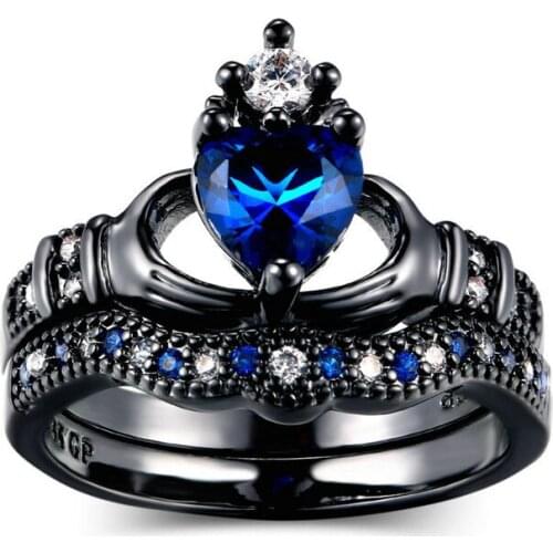 Modyle Luxury Blue Stone Crystal Rings For Women Black Color Wedding Engagement Rings Jewelry Drop Ship Pour 2Pcs/Set