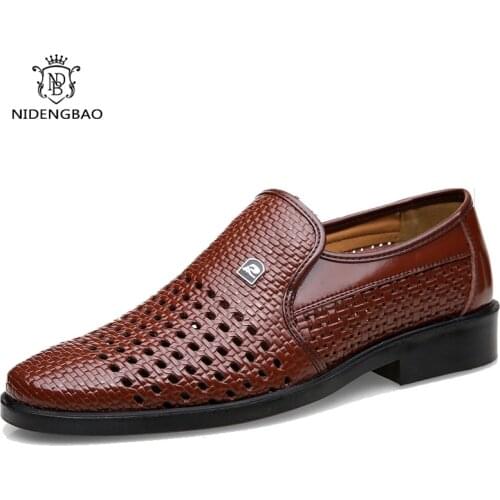 Cow Leather Mens Casual Shoes Hollow Out Summer Sandals Breathable White Business Formal Shoes Slip-on Loafers Shoes for Men