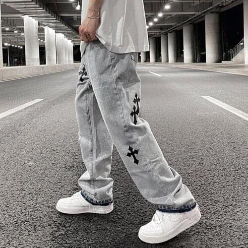 Versatile Retro Hole Cross Embroidery Casual Denim Trousers Mens High Street Washed Ripped Jeans Straight Oversize Jeans Pants