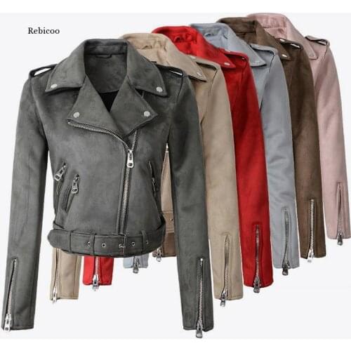 Womens Faux PU Leather Suede Short Jacket Multy Zipper Motorcycle Coat Womens 2020 Spring Fashion Biker Jackets